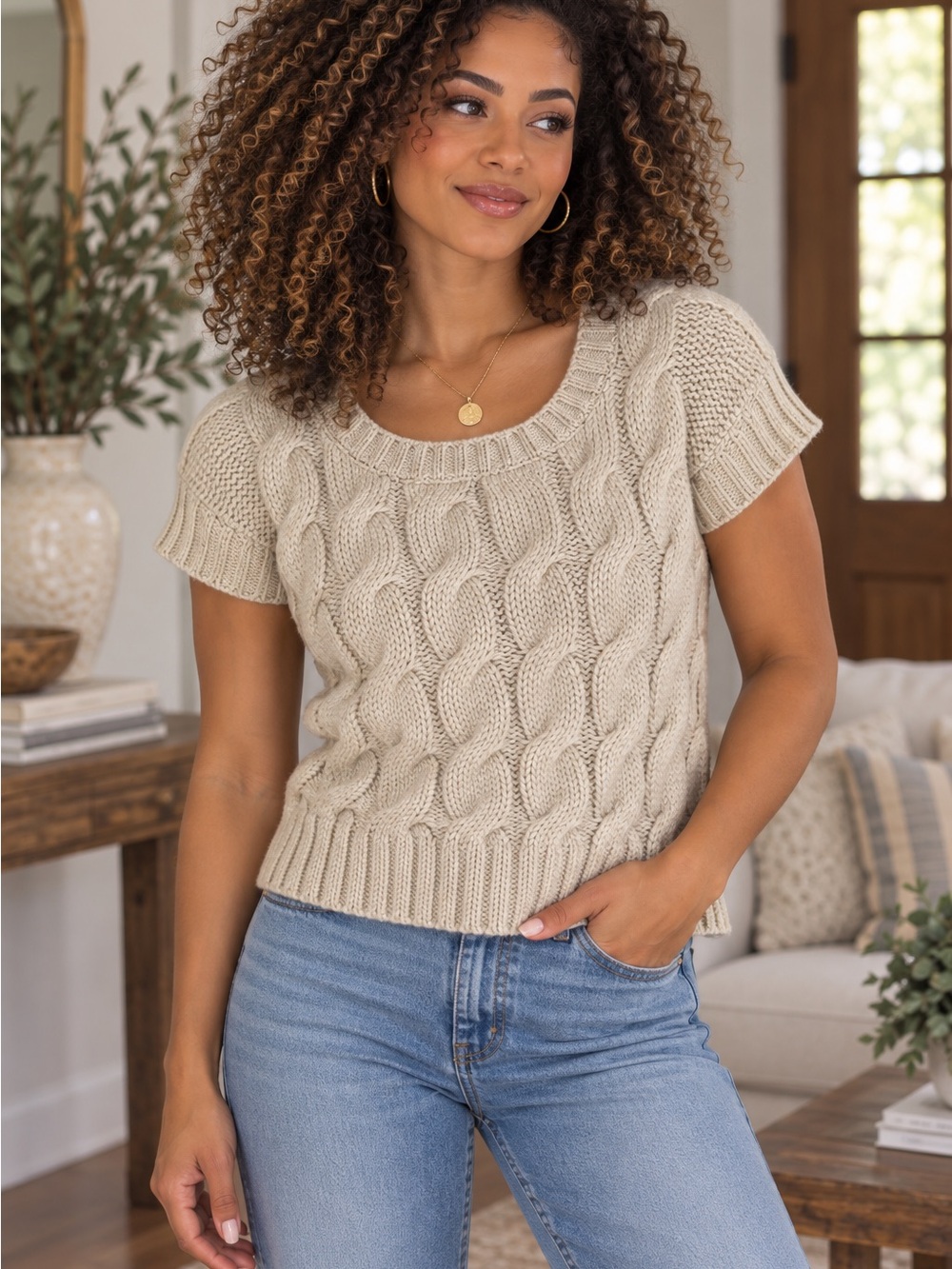 Large a.n.a Cream Cable Knit Short Sleeve Crewneck Sweater